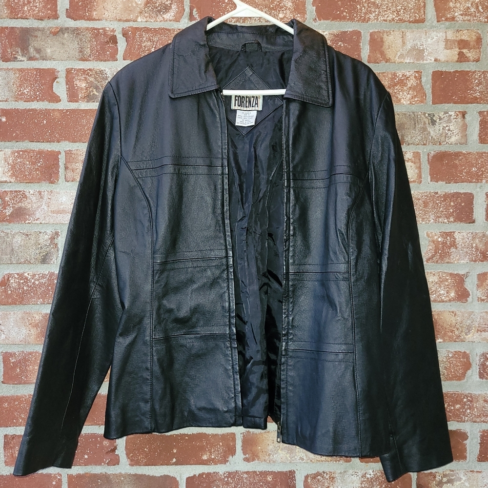 Vintage 90s Forenza Leather Jacket Size 12 Black Full Zip Retro Dark Academia
